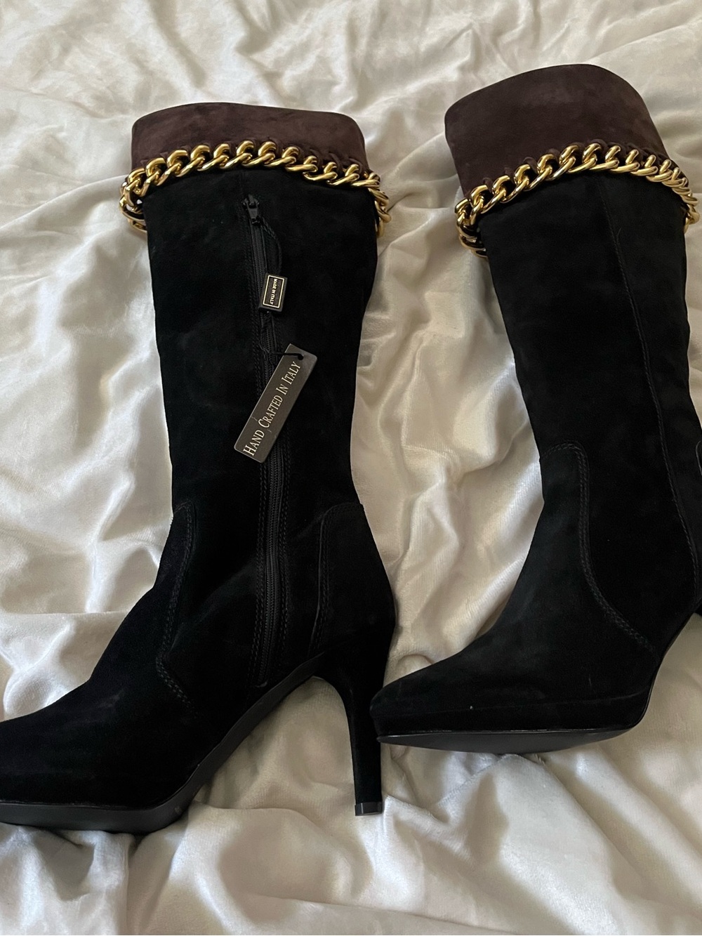 Caraisma Black Suede Knee-High Boots with Gold Chain Trim . made in Italy.